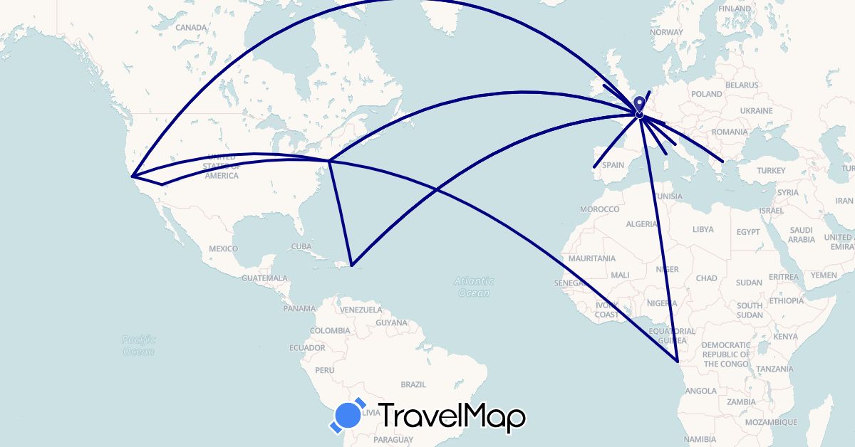 TravelMap itinerary: driving in Republic of the Congo, Switzerland, Dominican Republic, France, Greece, Ireland, Italy, Netherlands, Portugal, United States (Africa, Europe, North America)